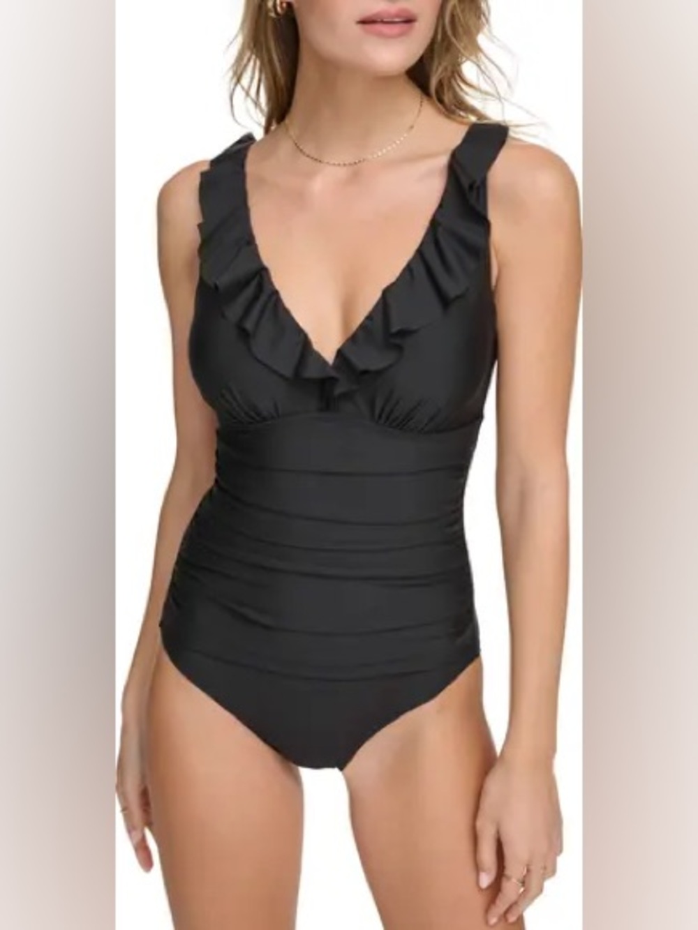 DKNY Women's Ruffle Plunge One Piece Bathing Suit large black